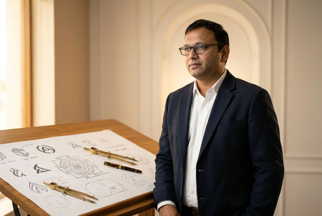 Amit ji's atelier — hand-drawn logo grids, brass compass and mala beads