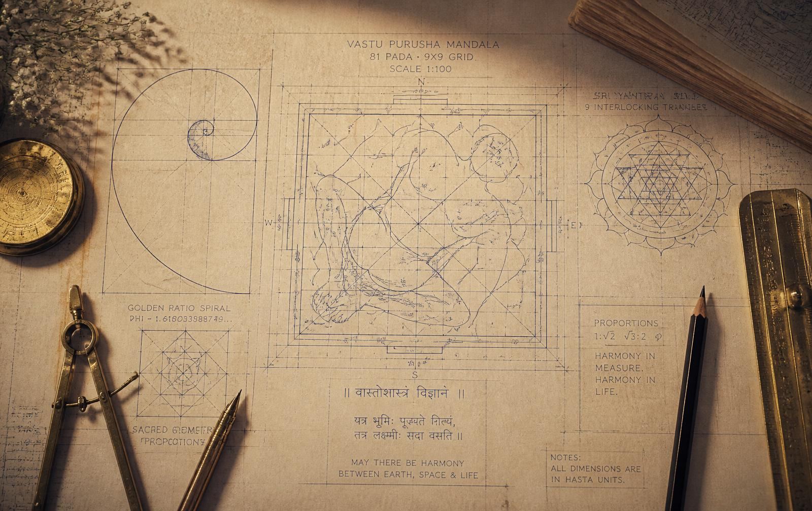 Hand-drafted Vastu Purusha Mandala and golden ratio blueprint