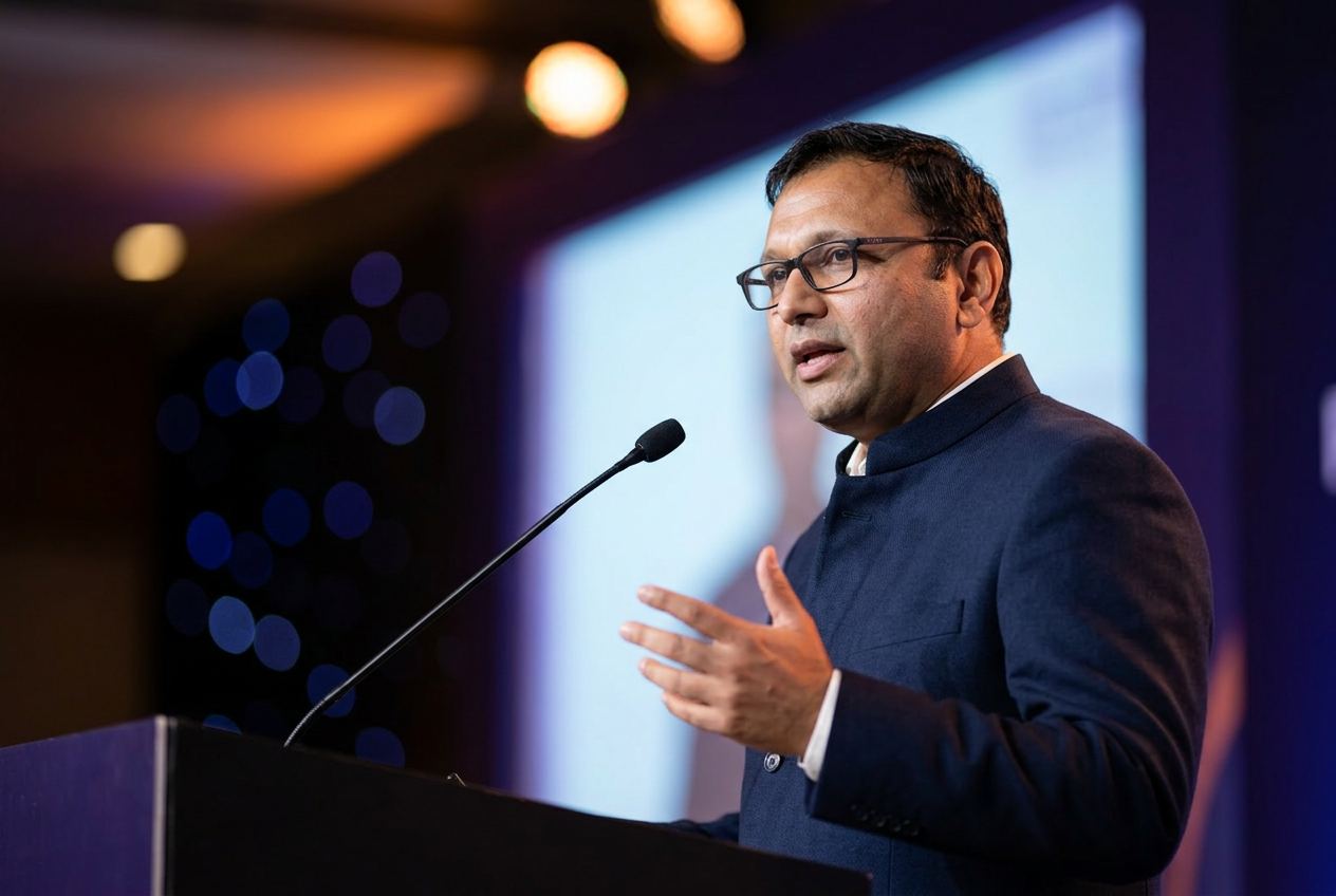 Amit Mishra speaking at a national business forum
