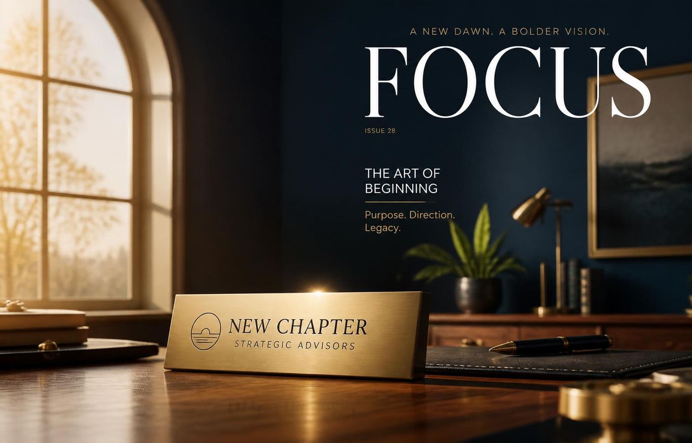 New chapter brass nameplate on a polished desk at dawn
