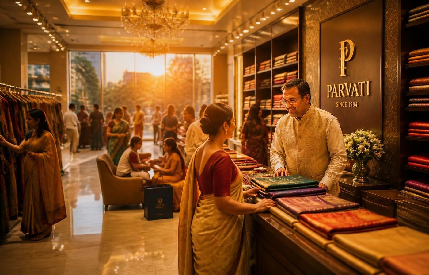 Premium Indian family-run showroom thriving at golden hour
