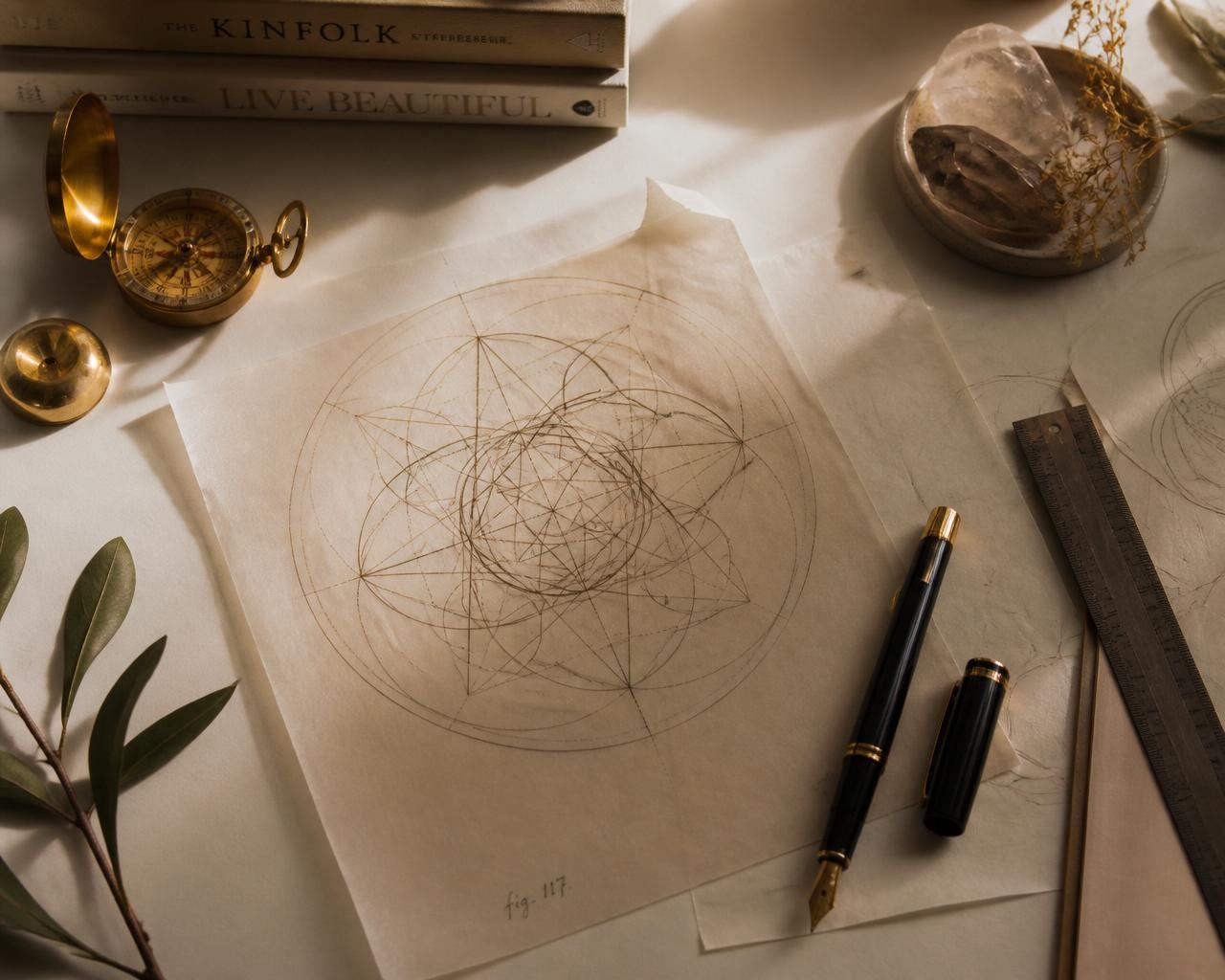 Sacred geometry sketch with brass compass and fountain pen on an ivory desk